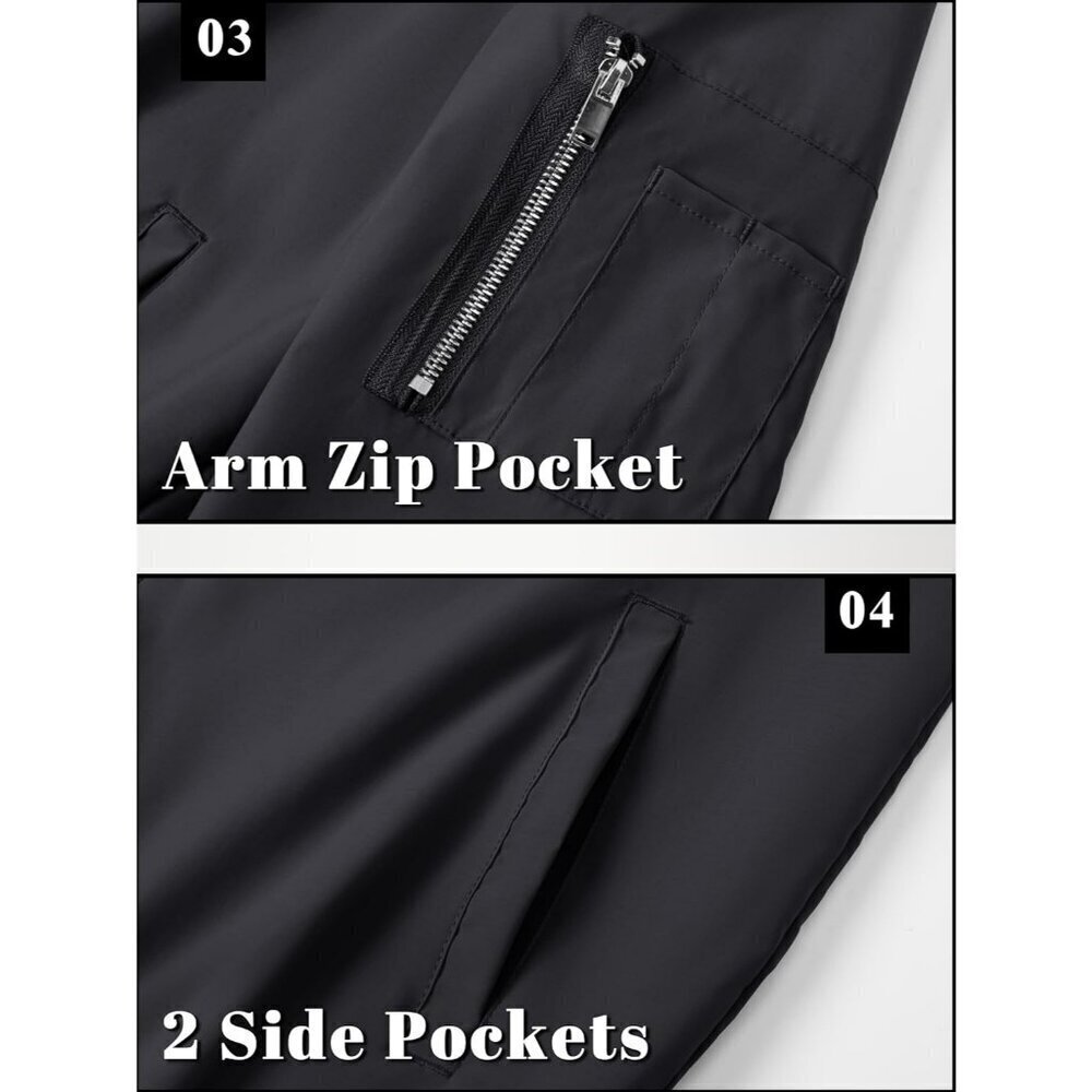 🆕Men's Black Bomber Jacket with Zip-Up Front and Utility Sleeve Pocket - Picture 6 of 7
